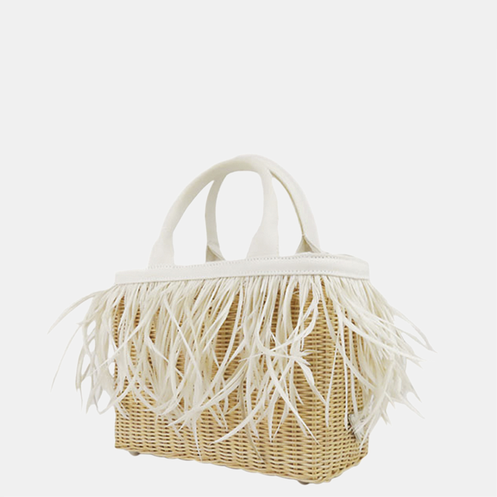 

Prada Brown/Beige/White Fringed Raffia Satchel