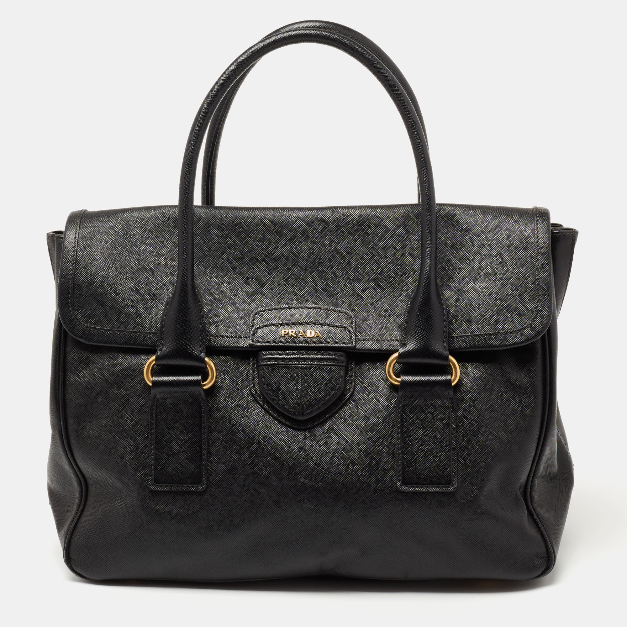 Pre-owned Prada Black Saffiano Leather Flap Satchel | ModeSens