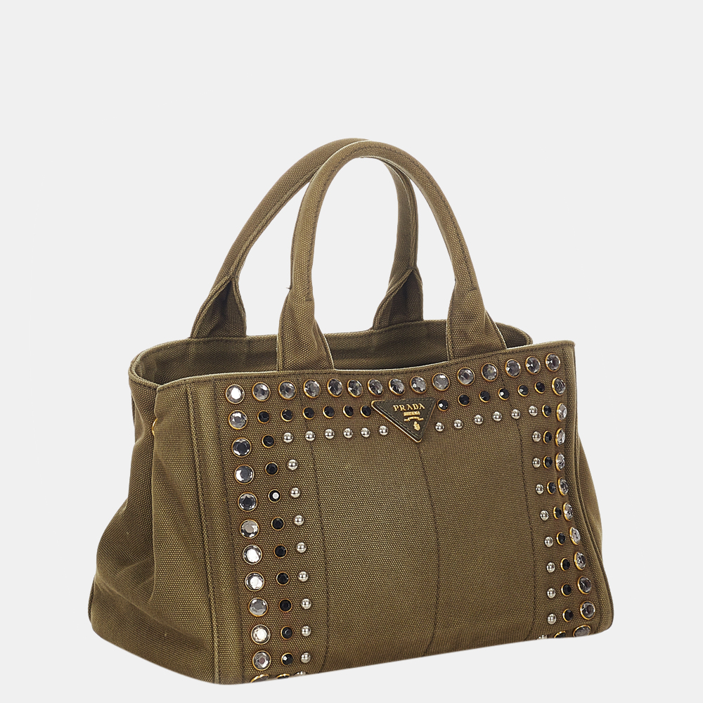 

Prada Brown Canapa Studded Canvas Satchel