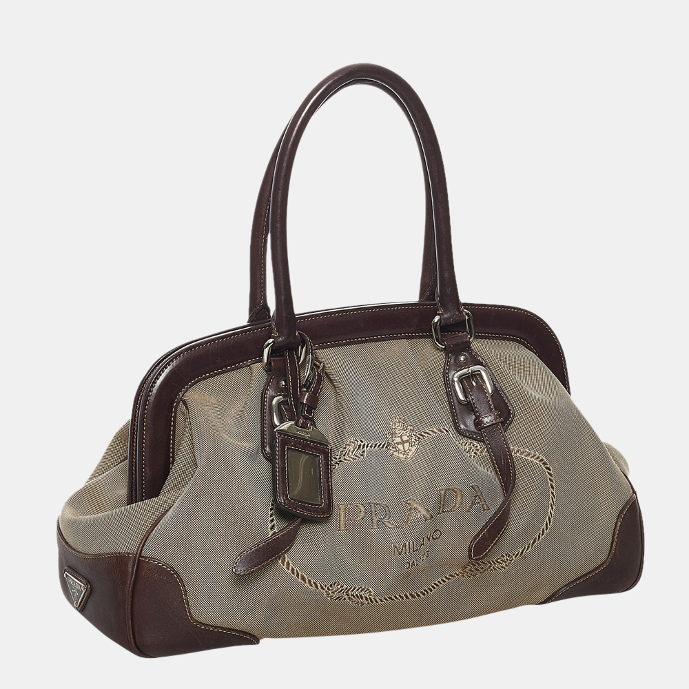 

Prada Brown/Beige Canapa Logo Frame Handbag