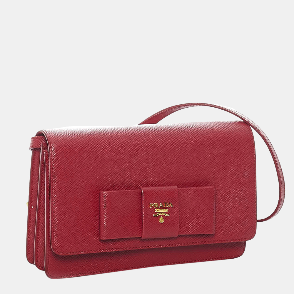 

Prada Red Saffiano Lux Bow Wallet On Strap