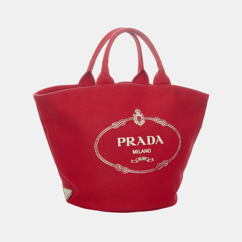 

Prada Red Canapa Logo Canvas Tote Bag