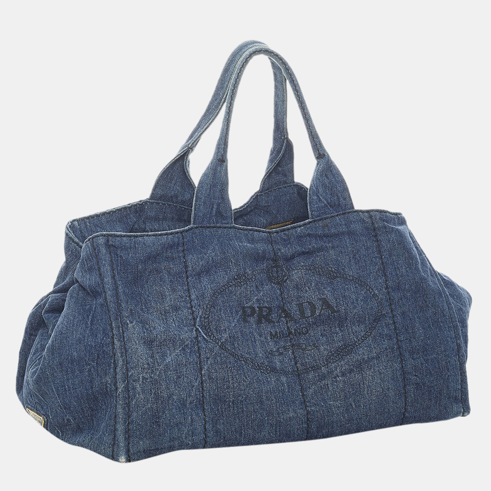 

Prada Blue Canapa Logo Denim Tote Bag