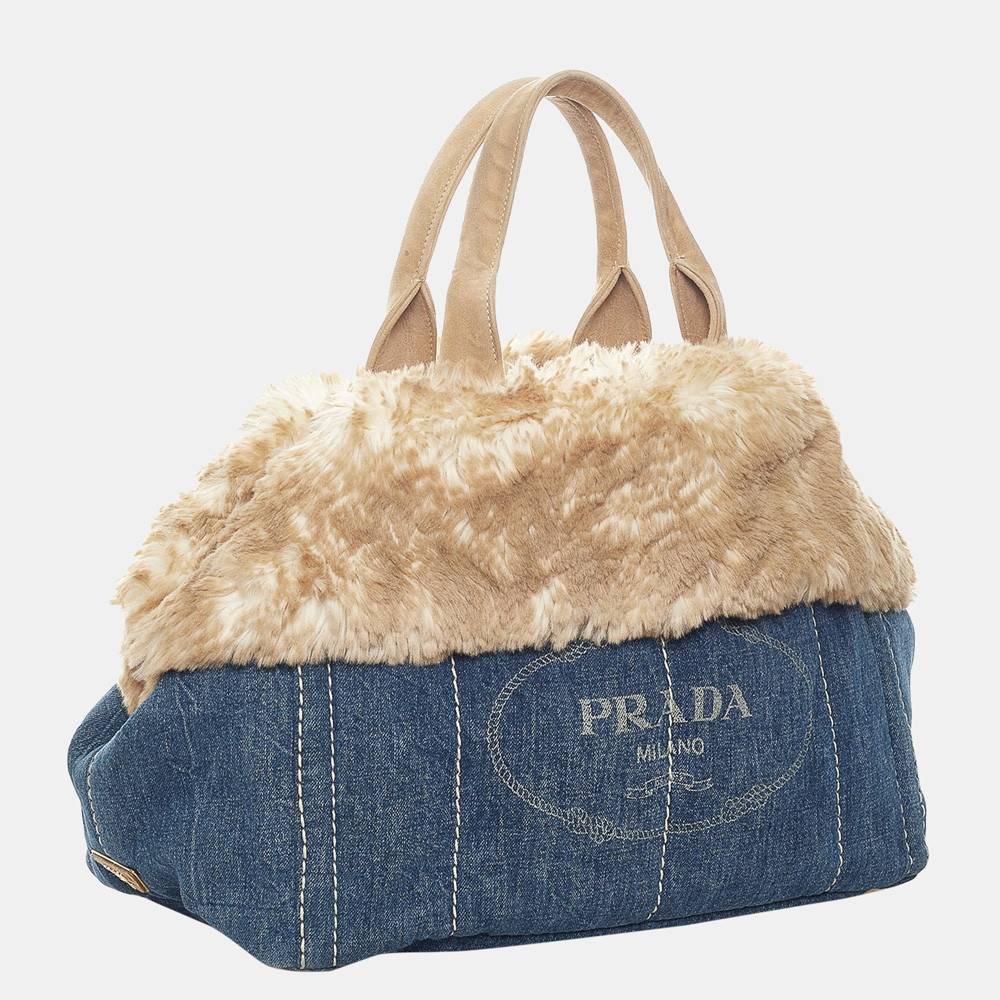 

Prada Blue Canapa Logo Denim Tote Bag