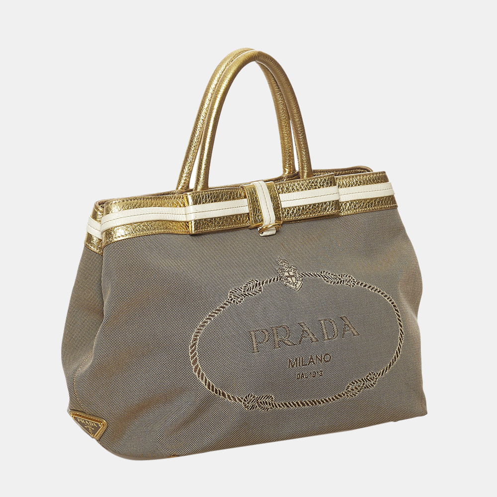 

Prada Gold Canapa Logo Canvas Handbag