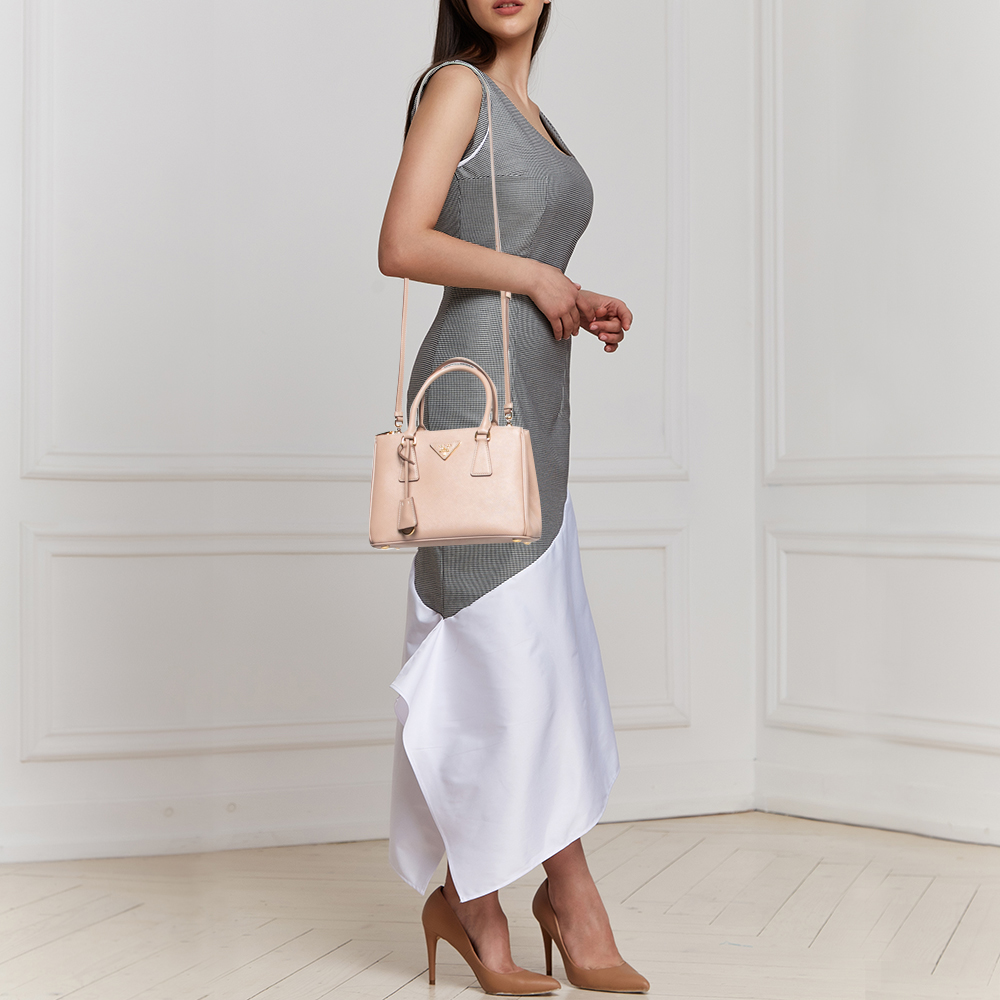 

Prada Light Pink Saffiano Lux Leather Small Double Zip Tote, Beige