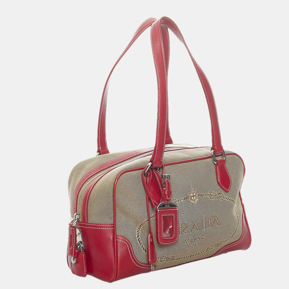 

Prada Beige/Brown/Red Canapa Logo Canvas Shoulder Bag