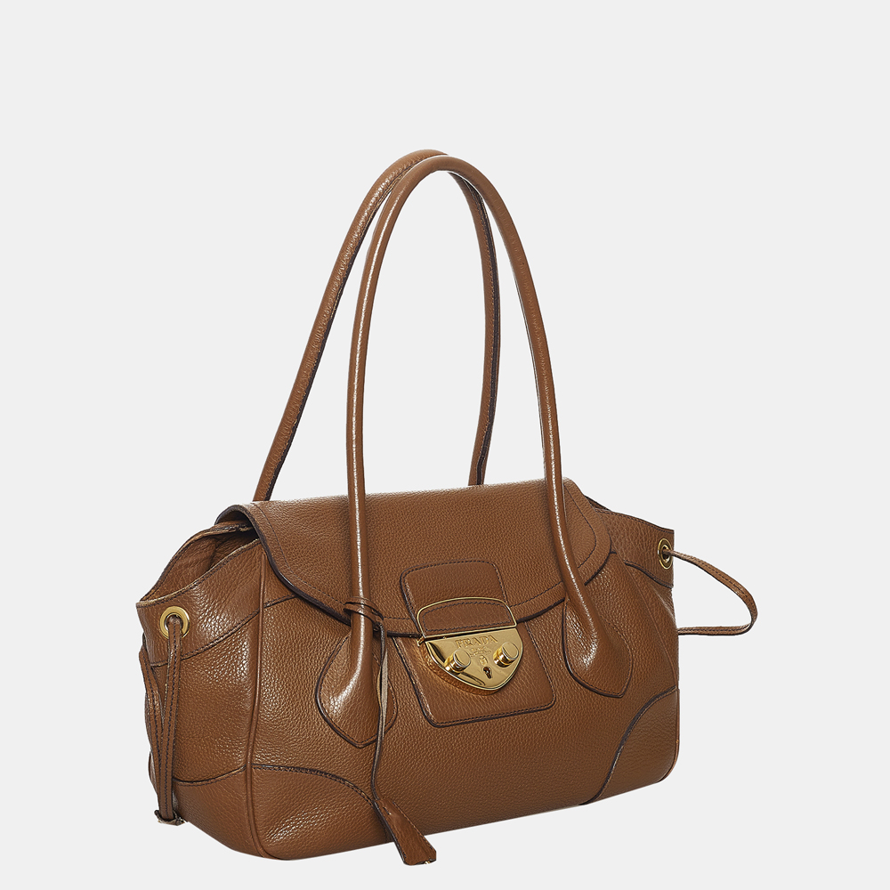 

Prada Brown Sound Lock Leather Shoulder Bag