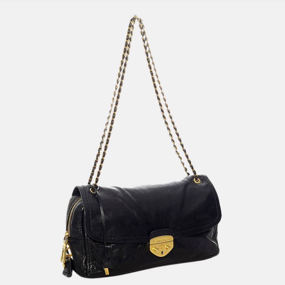 

Prada Black Sound Lock Leather Chain Shoulder Bag