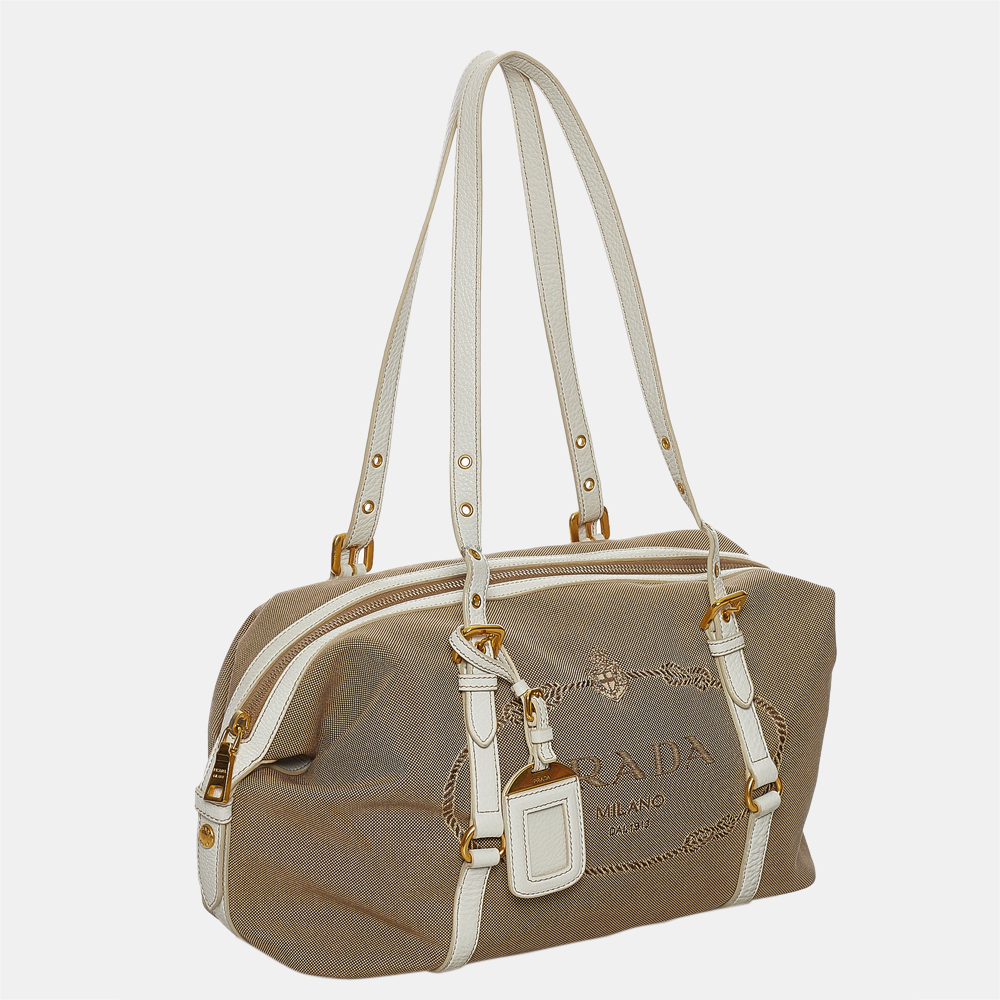 

Prada Beige/Brown/White Canapa Logo Canvas Shoulder Bag