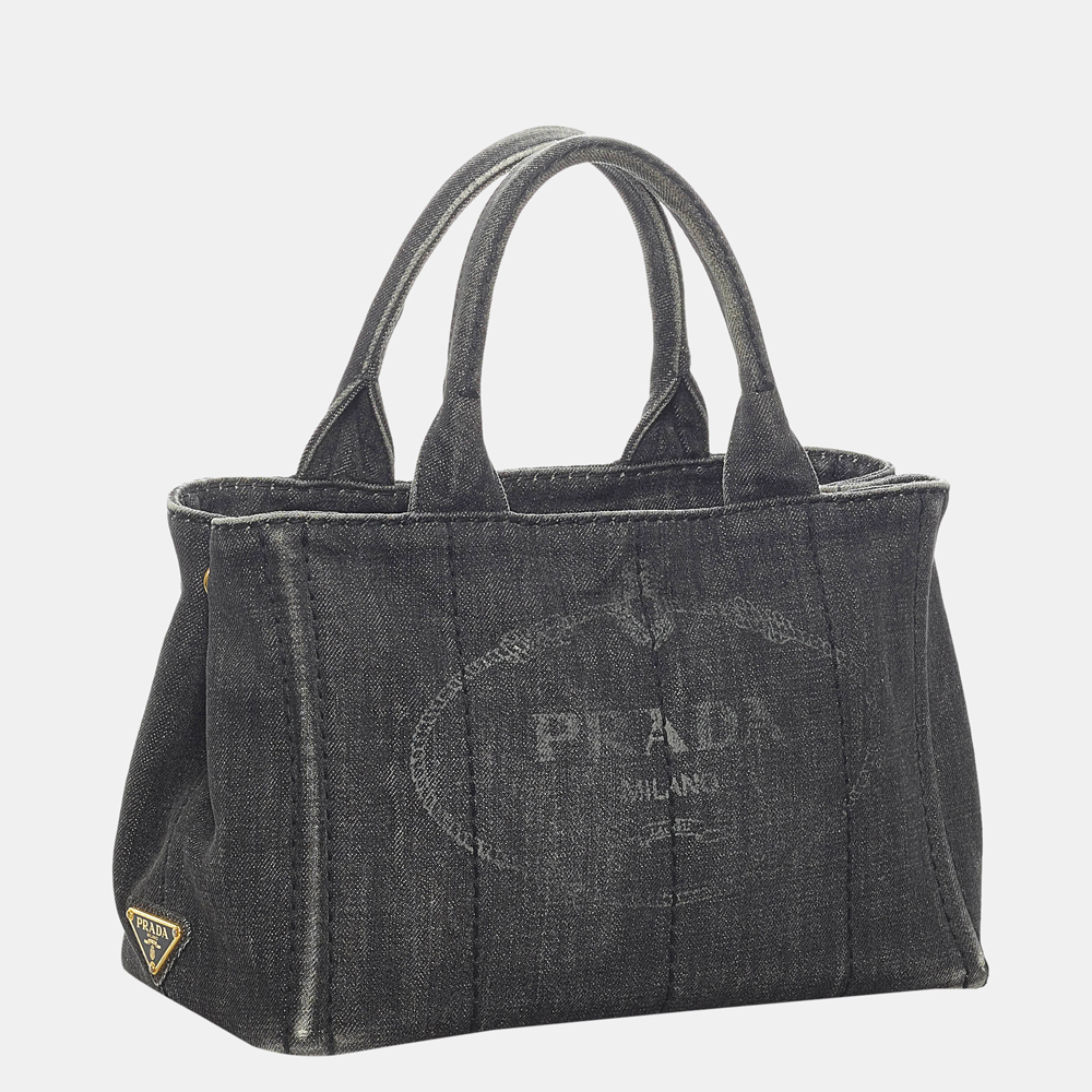 

Prada Black Canapa Logo Denim Satchel