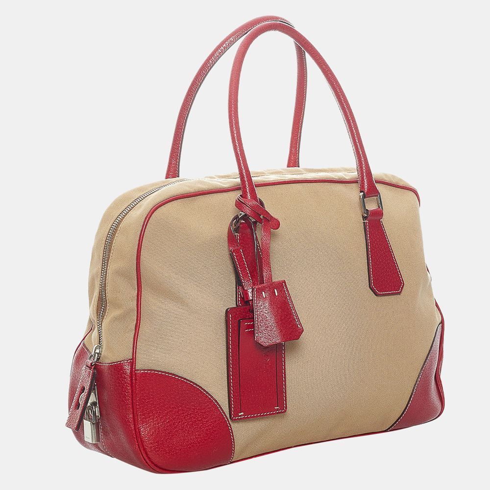 

Prada Beige/Brown/Red Canapa Bauletto Canvas Tote Bag