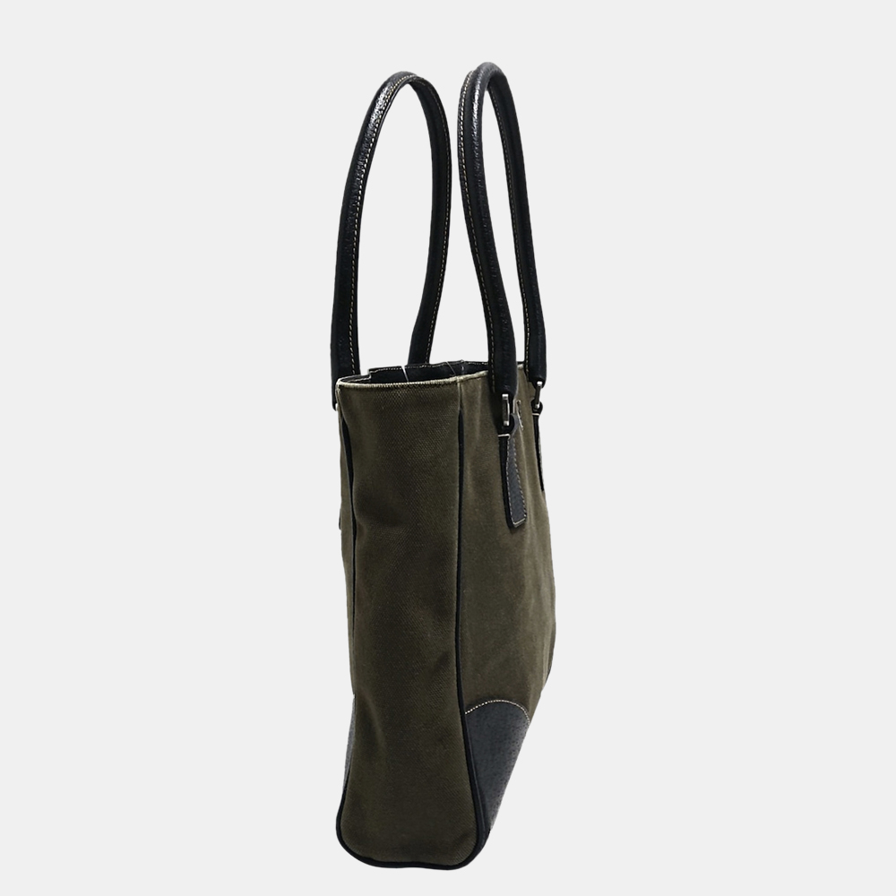 

Prada Brown/Green Leather-Trimmed Canvas Tote Bag
