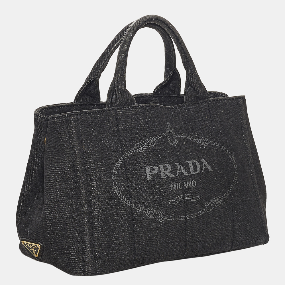 

Prada Black Canapa Logo Denim Satchel