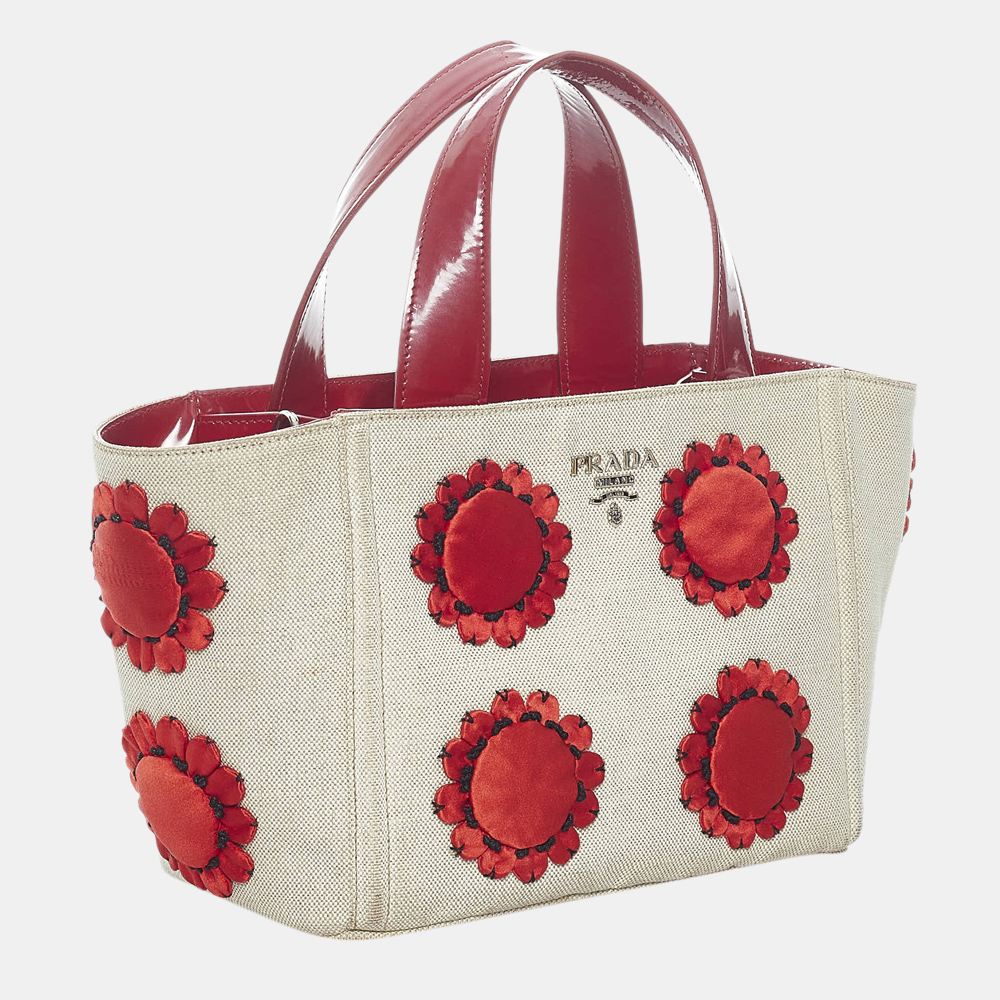 

Prada Red/White Mistolino Floral Basket Canvas Handbag