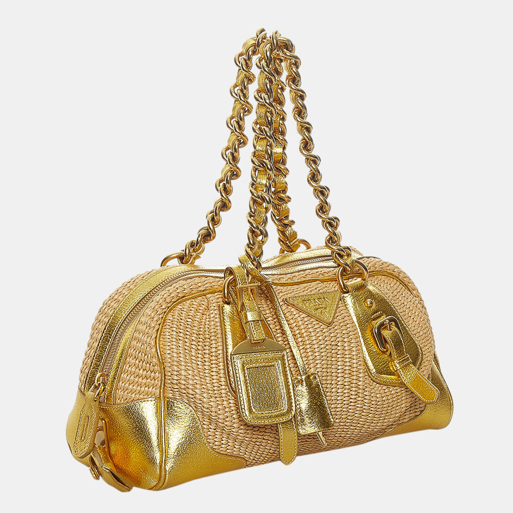 

Prada Beige/Brown/Gold Paglia & Cinghiale Woven Frame Handbag