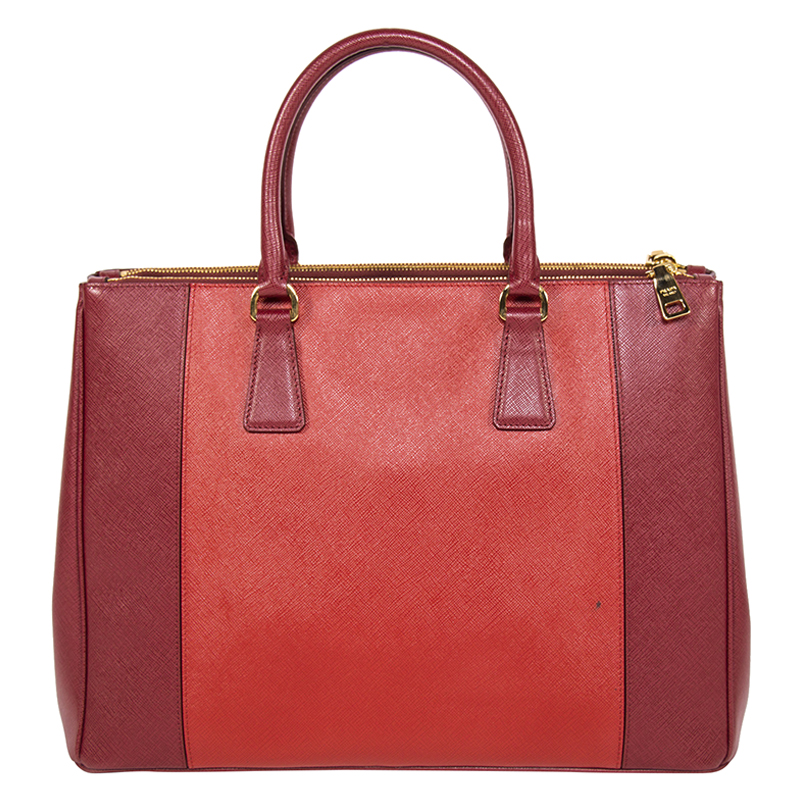 

Prada Two Tone Red and Burgundy Large Saffiano Double Zip