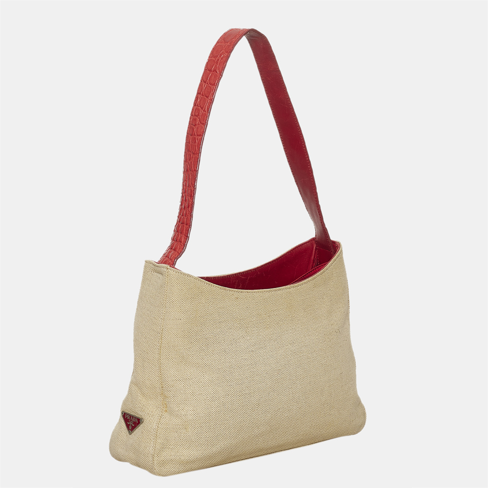 

Prada Beige/Brown/Red Canvas Shoulder Bag