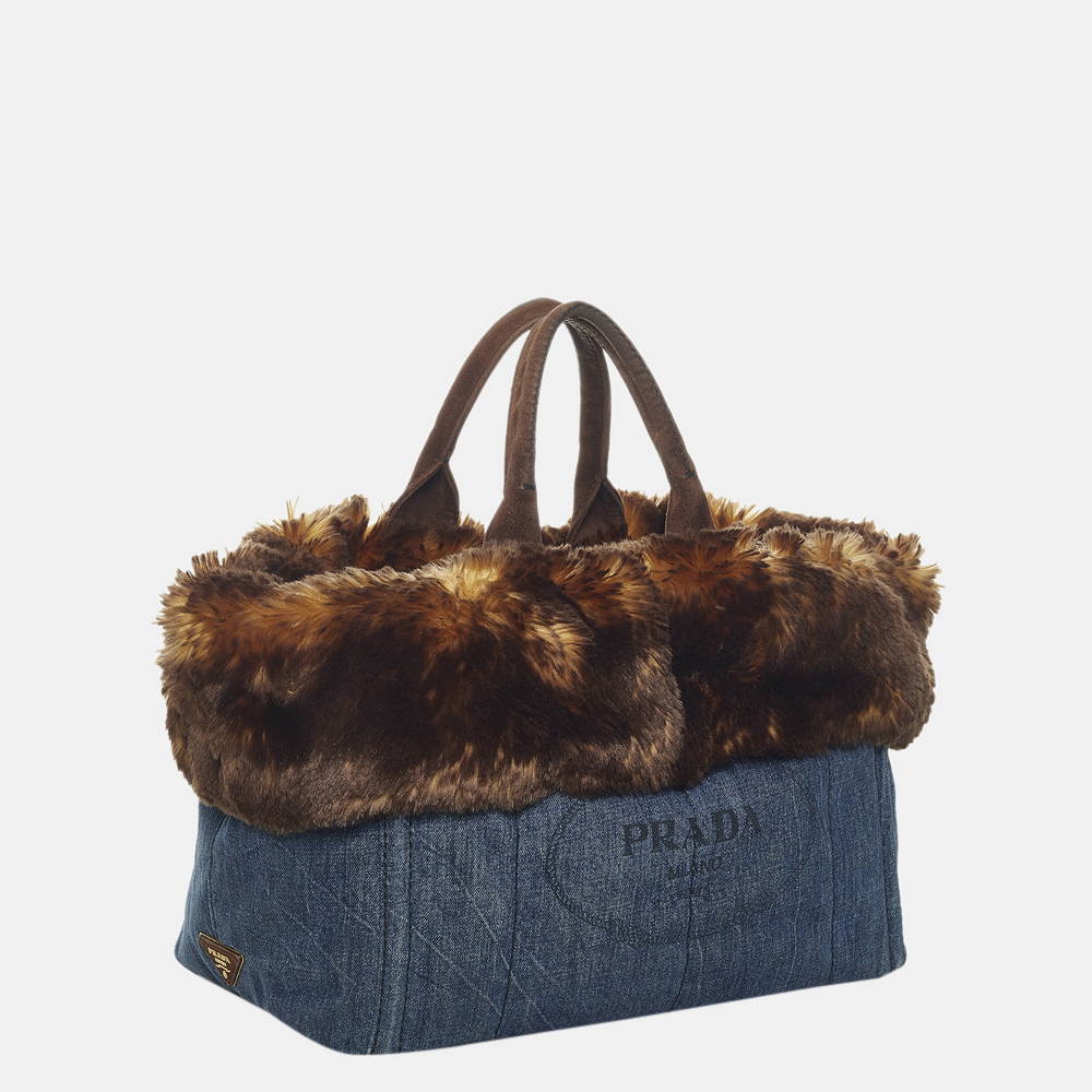 

Prada Blue/Brown Canapa Logo Denim Tote Bag