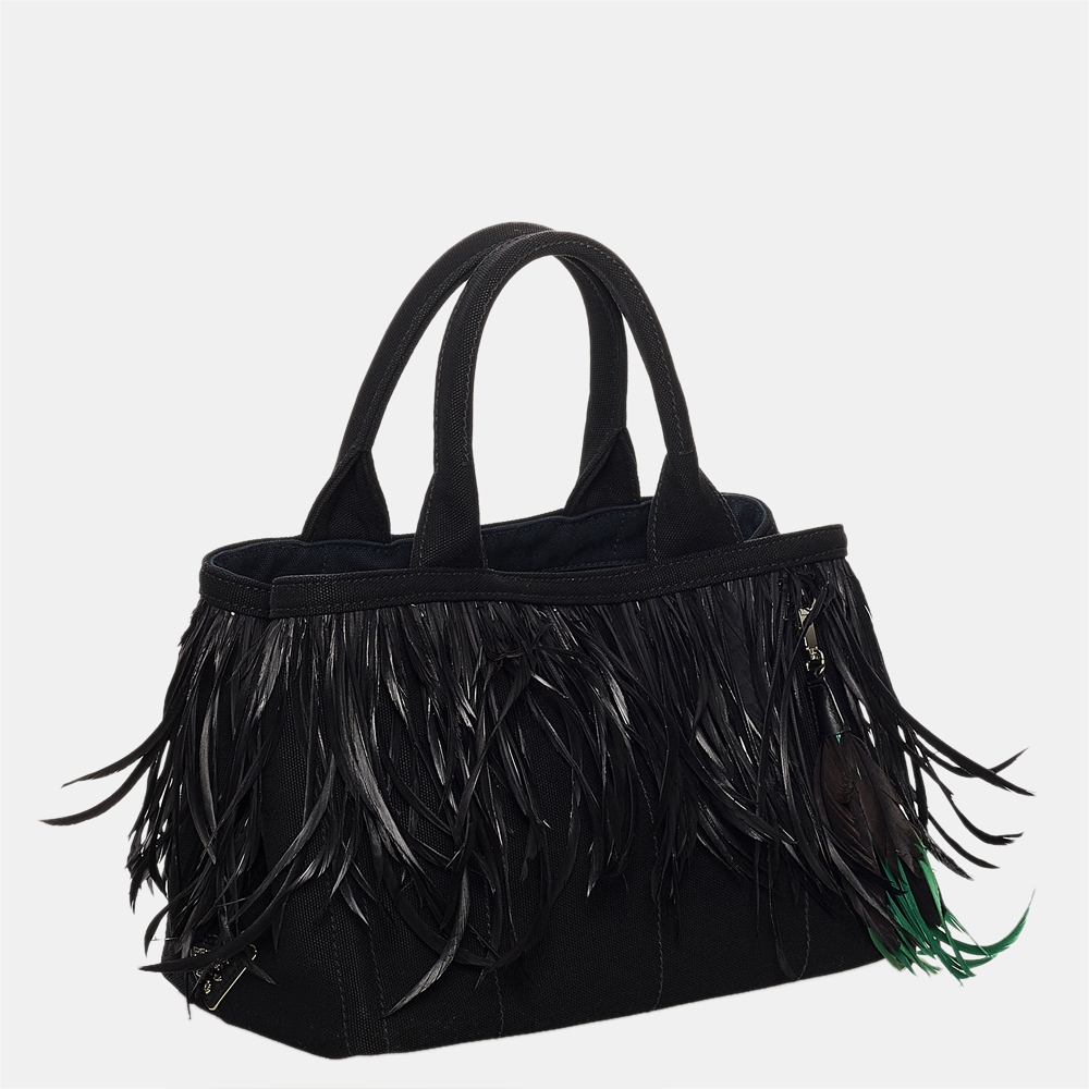 

Prada Black Canapa Feathcer Canvas Satchel