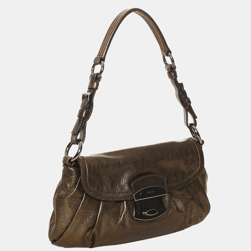 

Prada Brown Pushlock Flap Leather Baguette