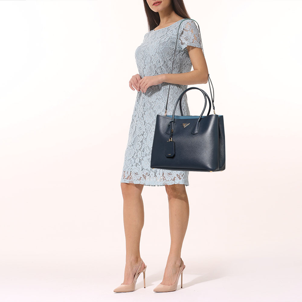

Prada Dark Blue Saffiano Leather Double Tote Bag