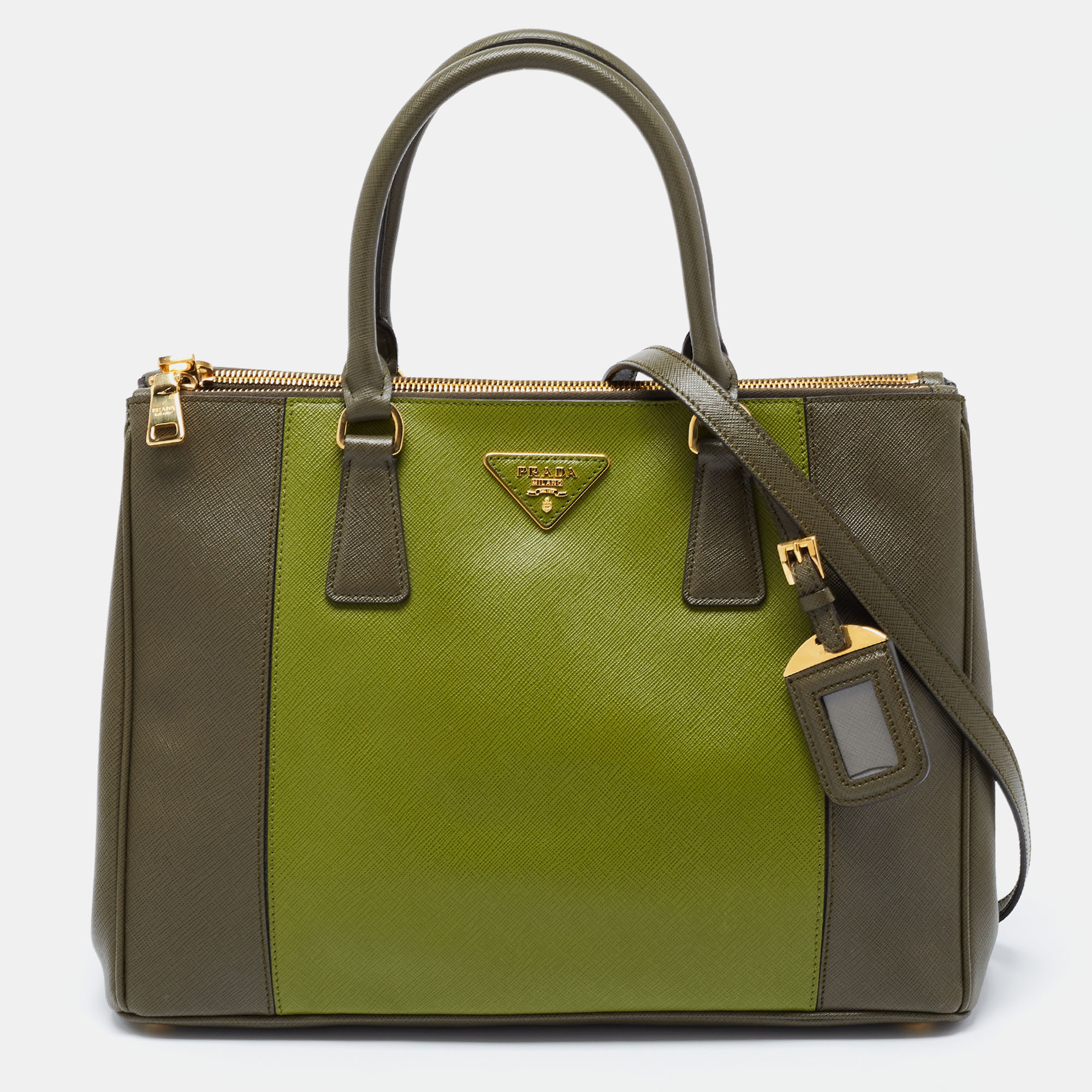 Pre Owned Prada Two Tone Green Saffiano Lux Leather Medium Double Zip Tote