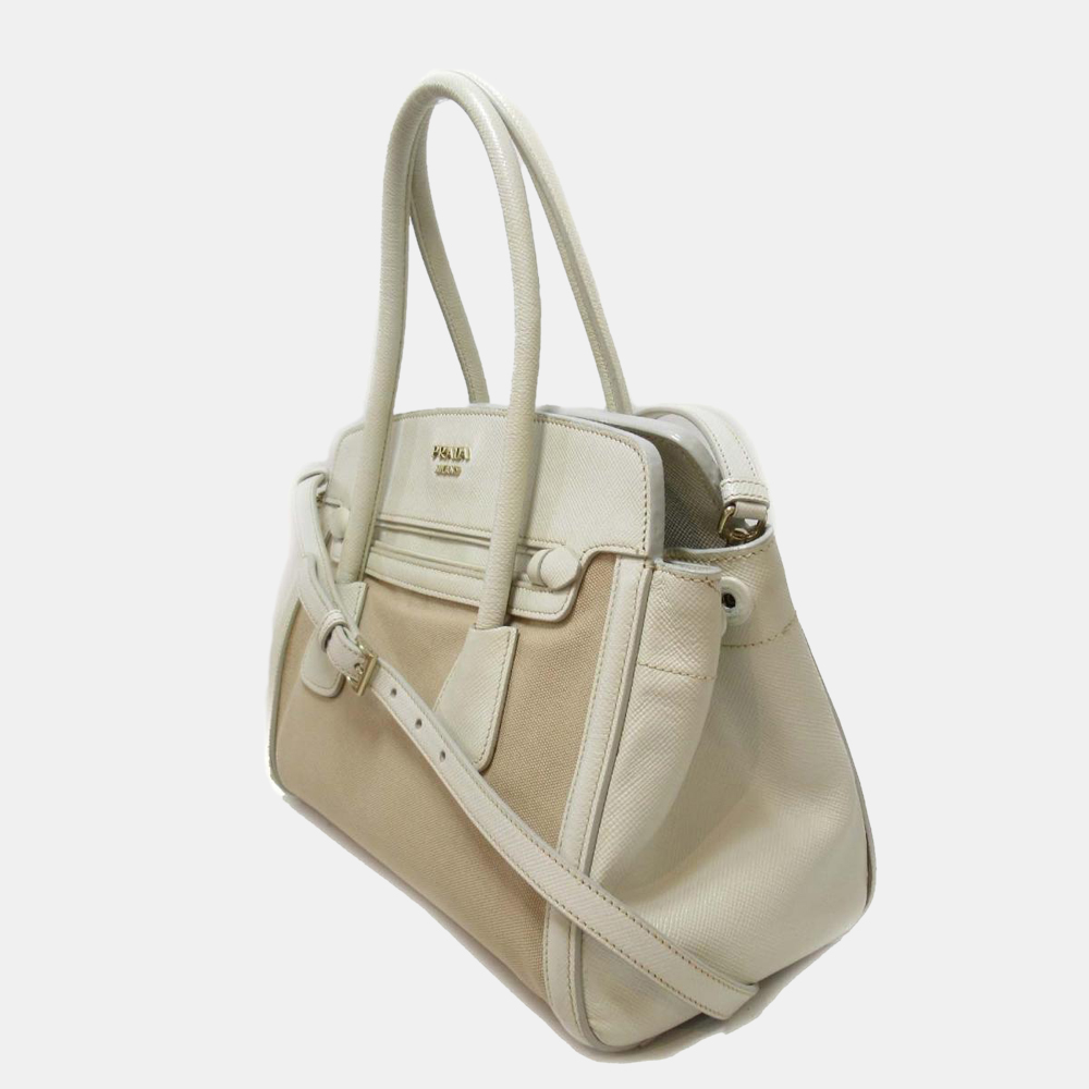 

Prada White Saffiano Trimmed Canapa Tote Bag