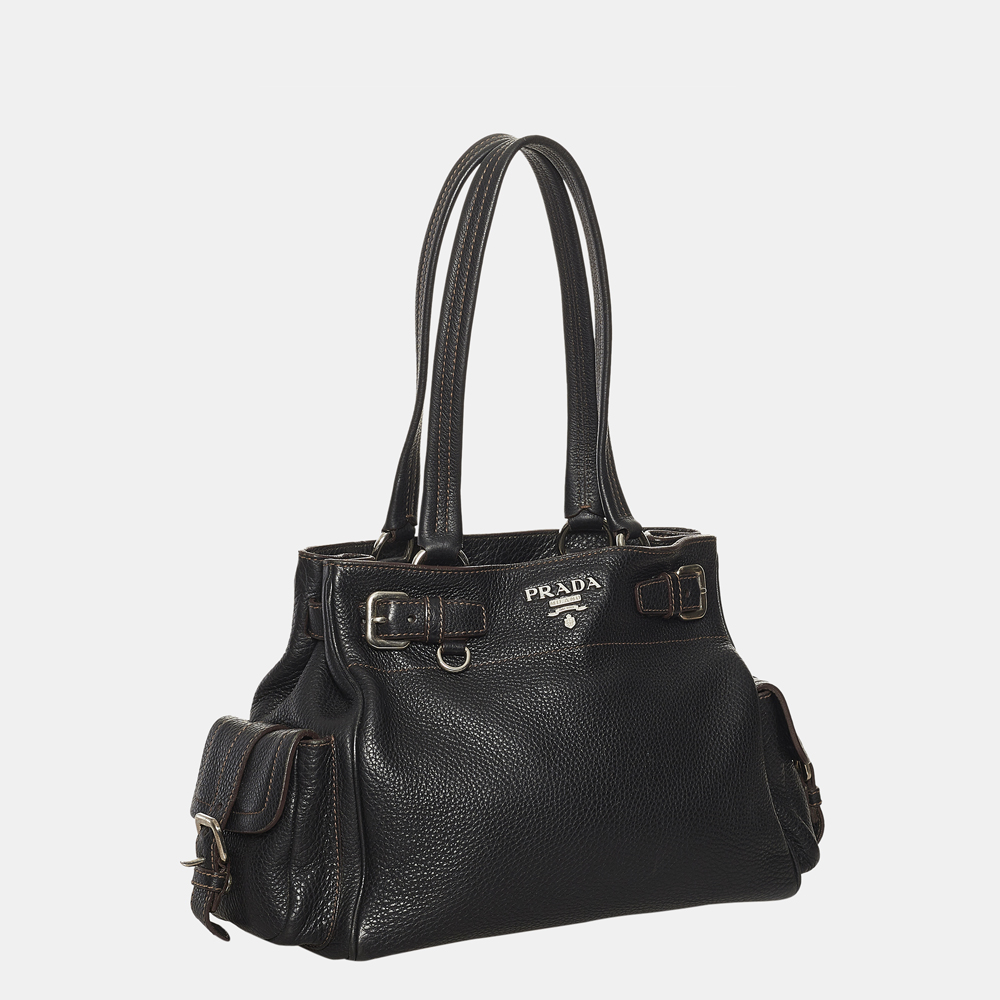 

Prada Black Vitello Daino Buckle Tote