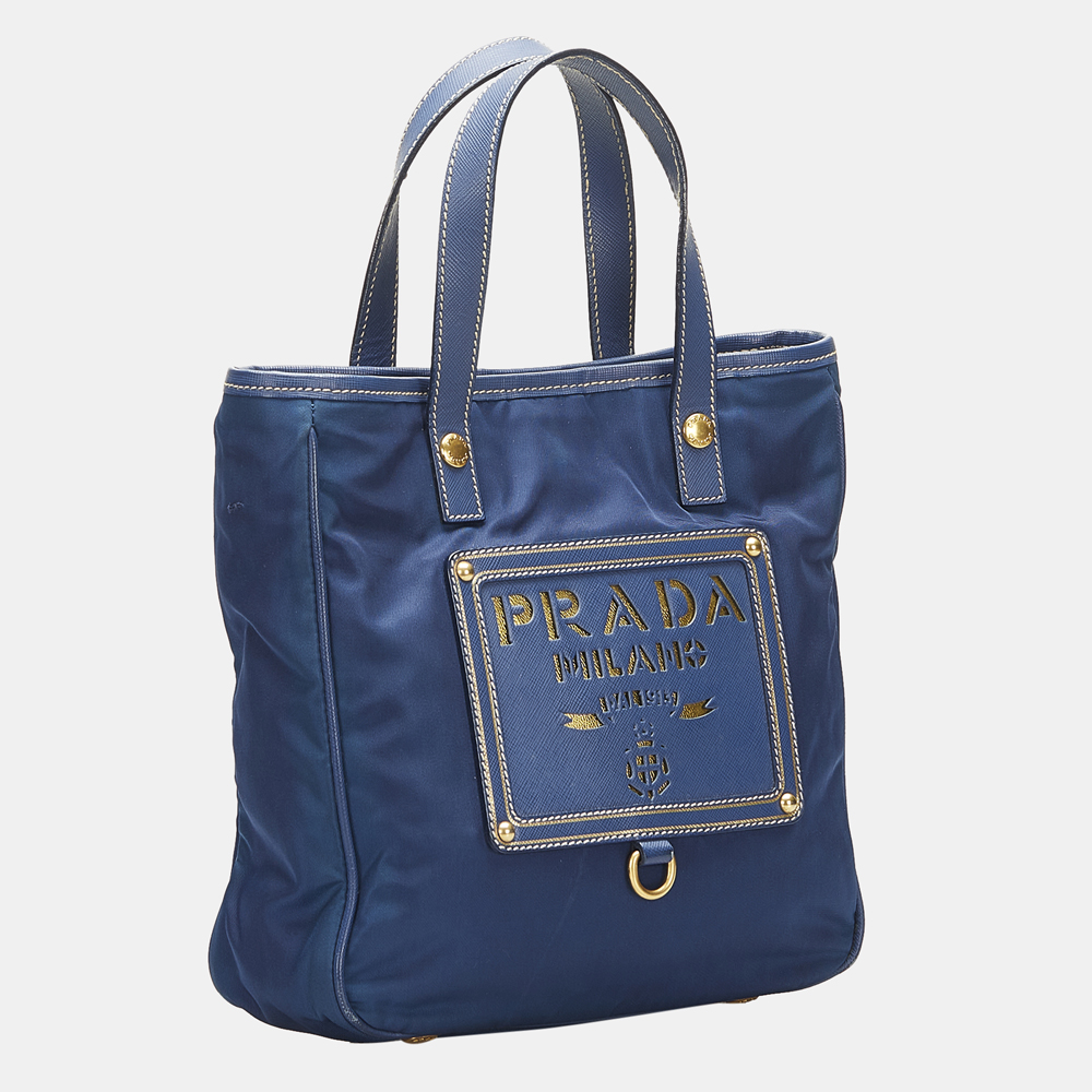 

Prada Blue Tessuto Logo Oro