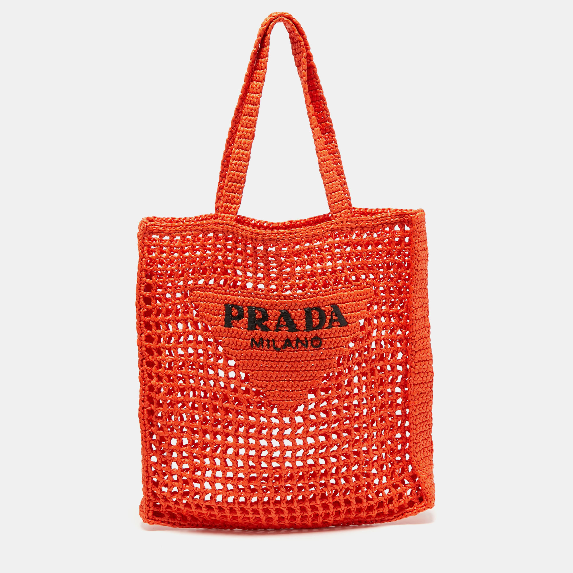 Pre Owned Prada Orange Woven Raffia Tote