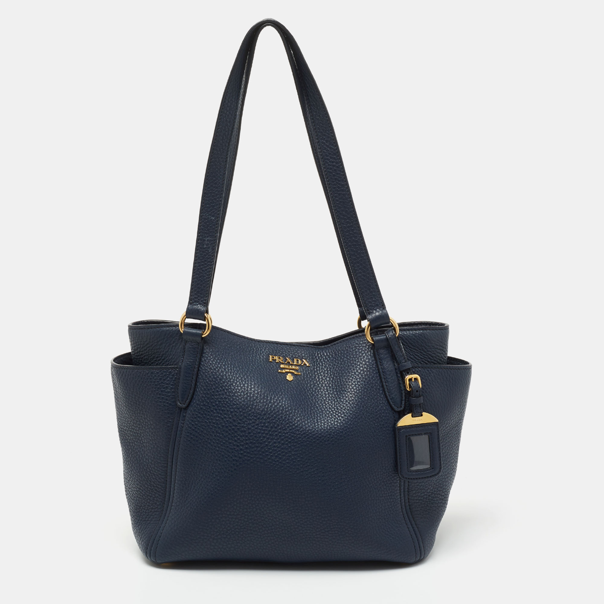 Pre Owned Prada Blue Vitello Daino Leather Side Pocket Tote