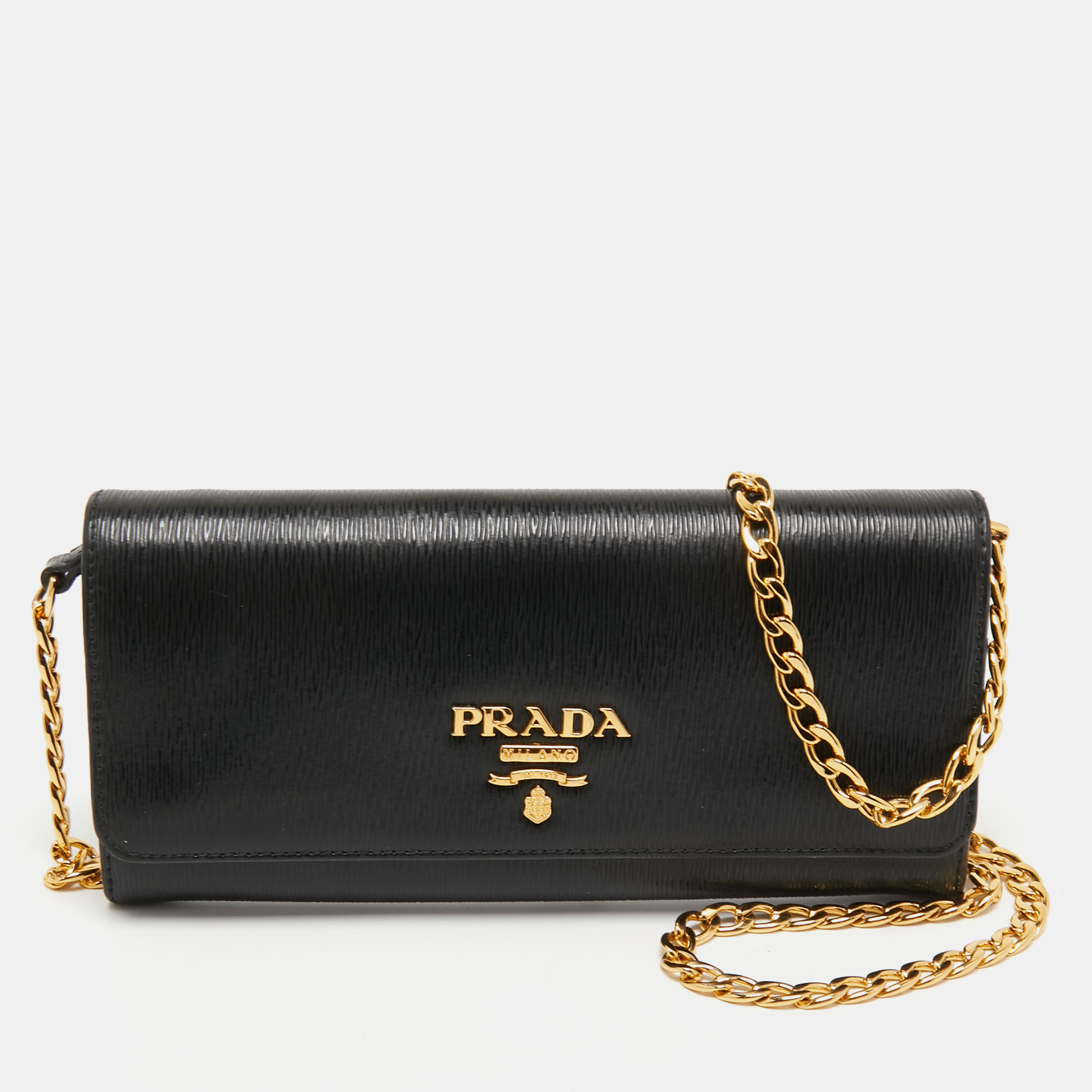 Prada Saffiano Leather Black wallet on chain with detachable