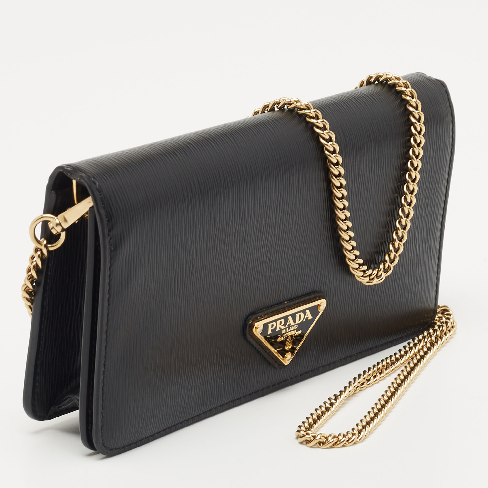Prada Black Saffiano Metal Leather Wallet on Chain Clutch Bag