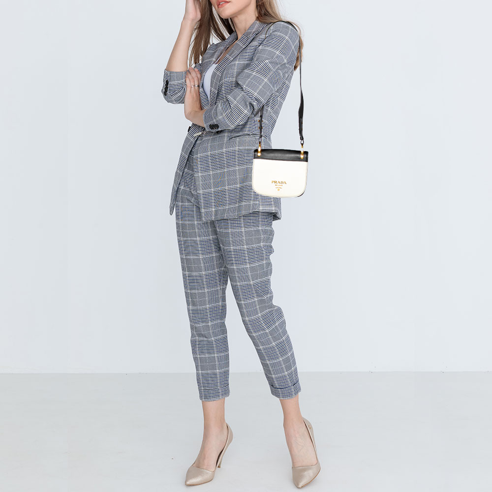 

Prada White/Black Leather City Calf Pionnière Saddle Bag