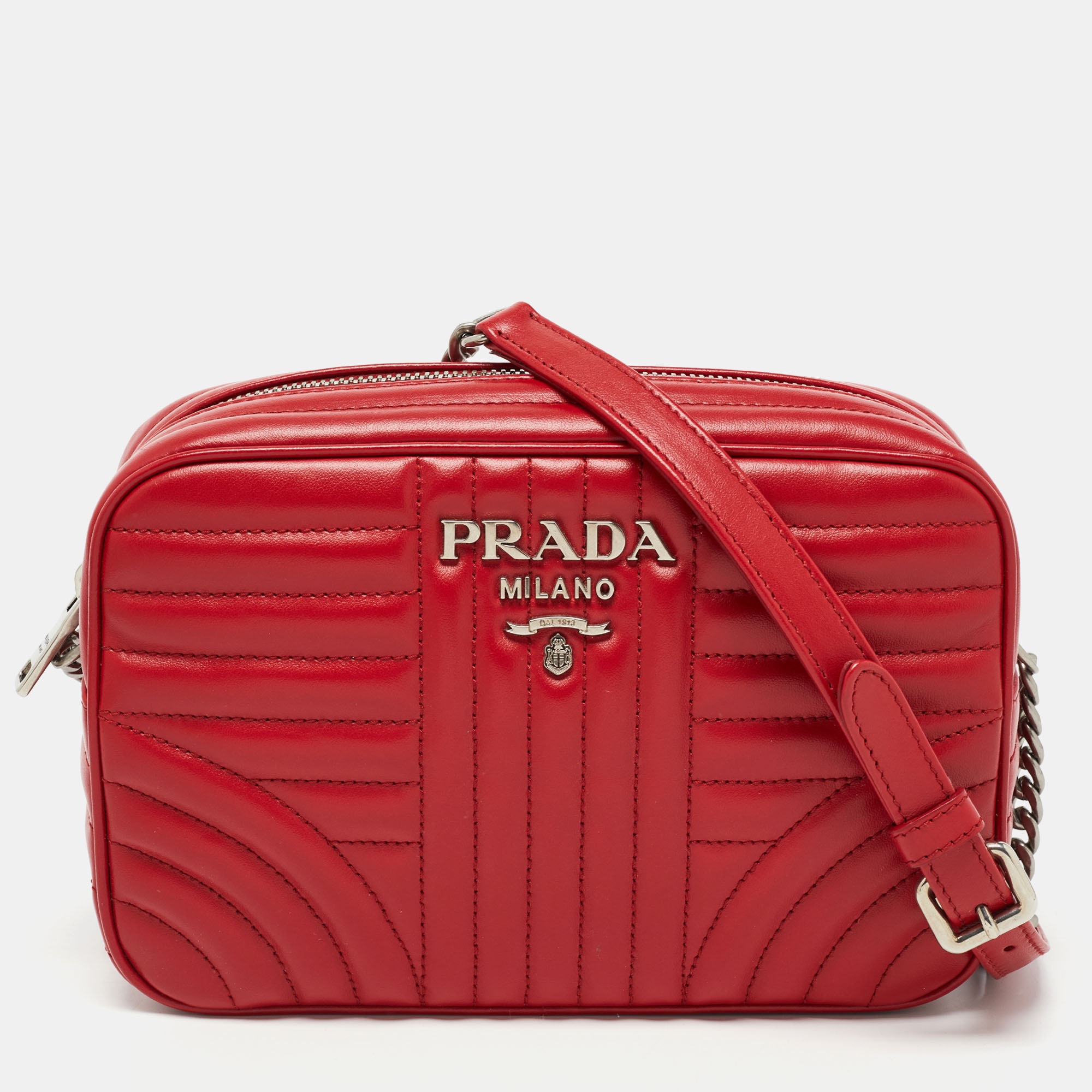 Pre Owned Prada Red Diagramme Leather Camera Shoulder Bag