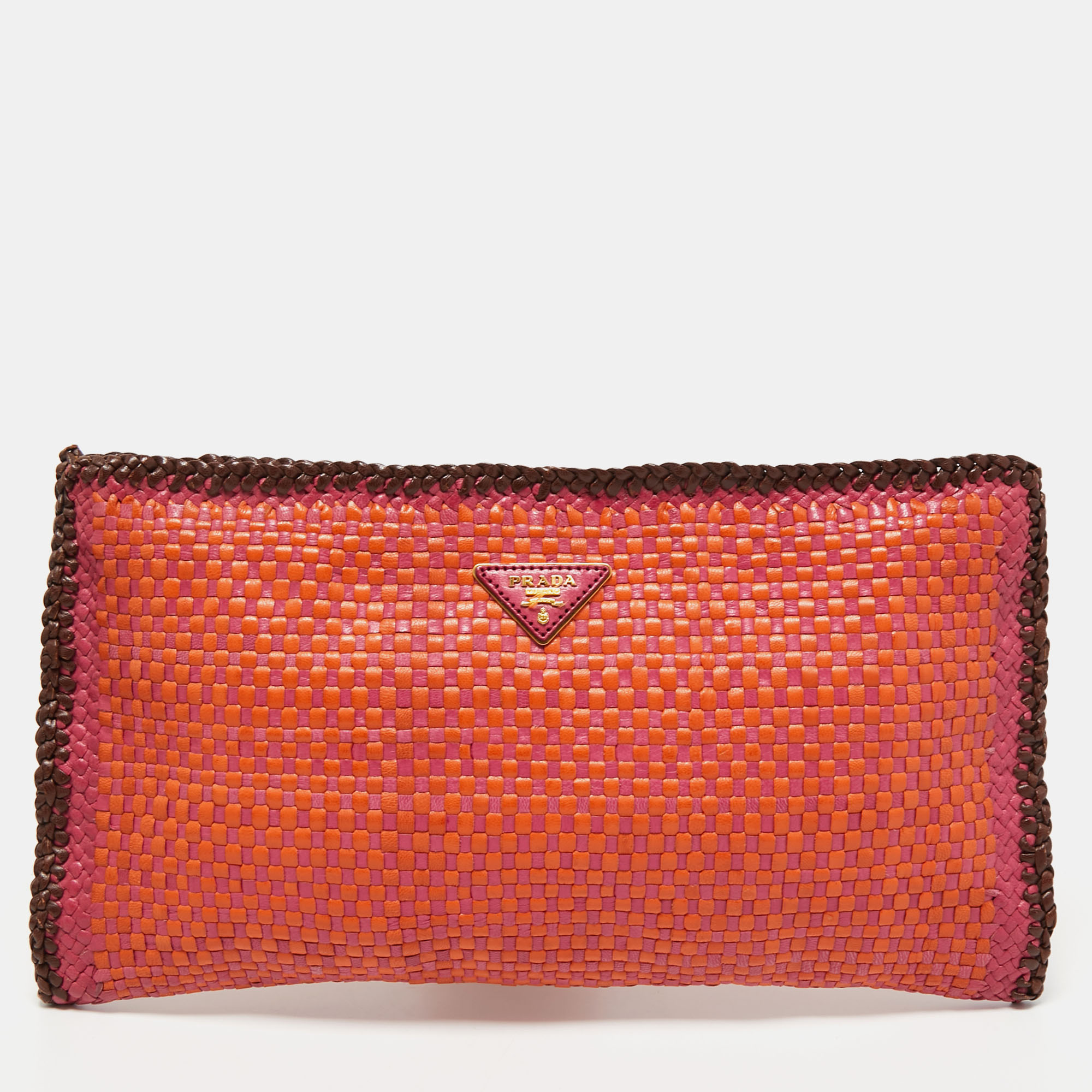Pre Owned Prada Tri Color Woven Madras Leather Zip Clutch