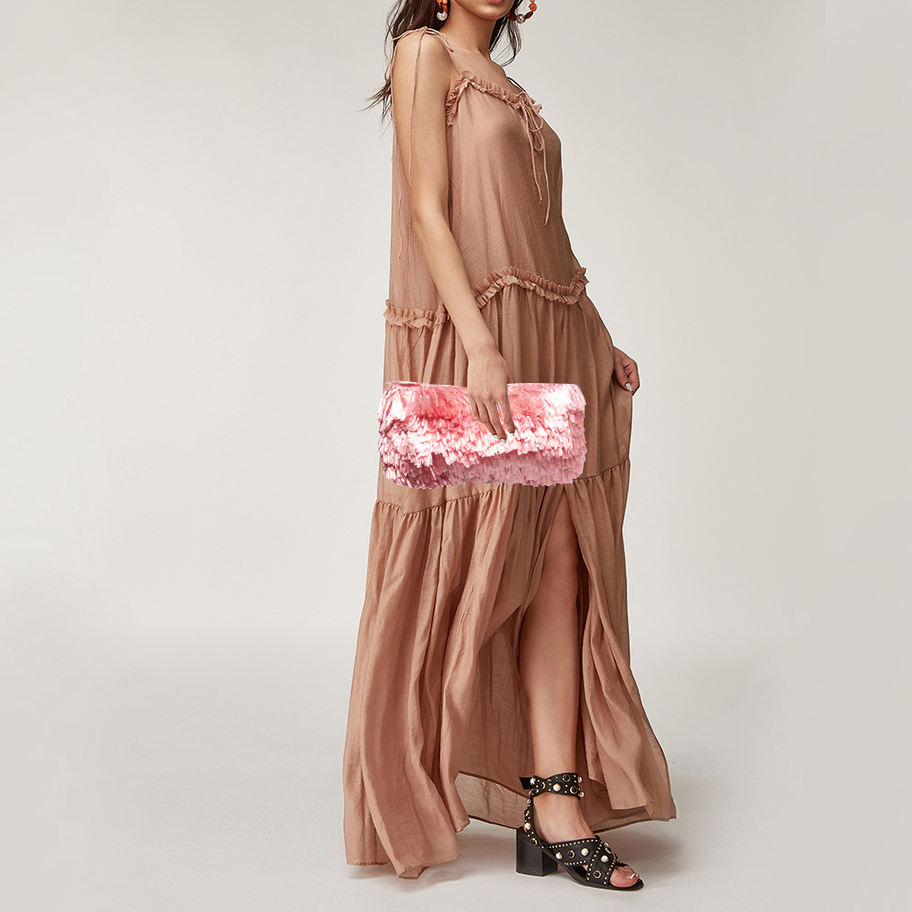 

Prada Pink Woven Straw Fringe Clutch