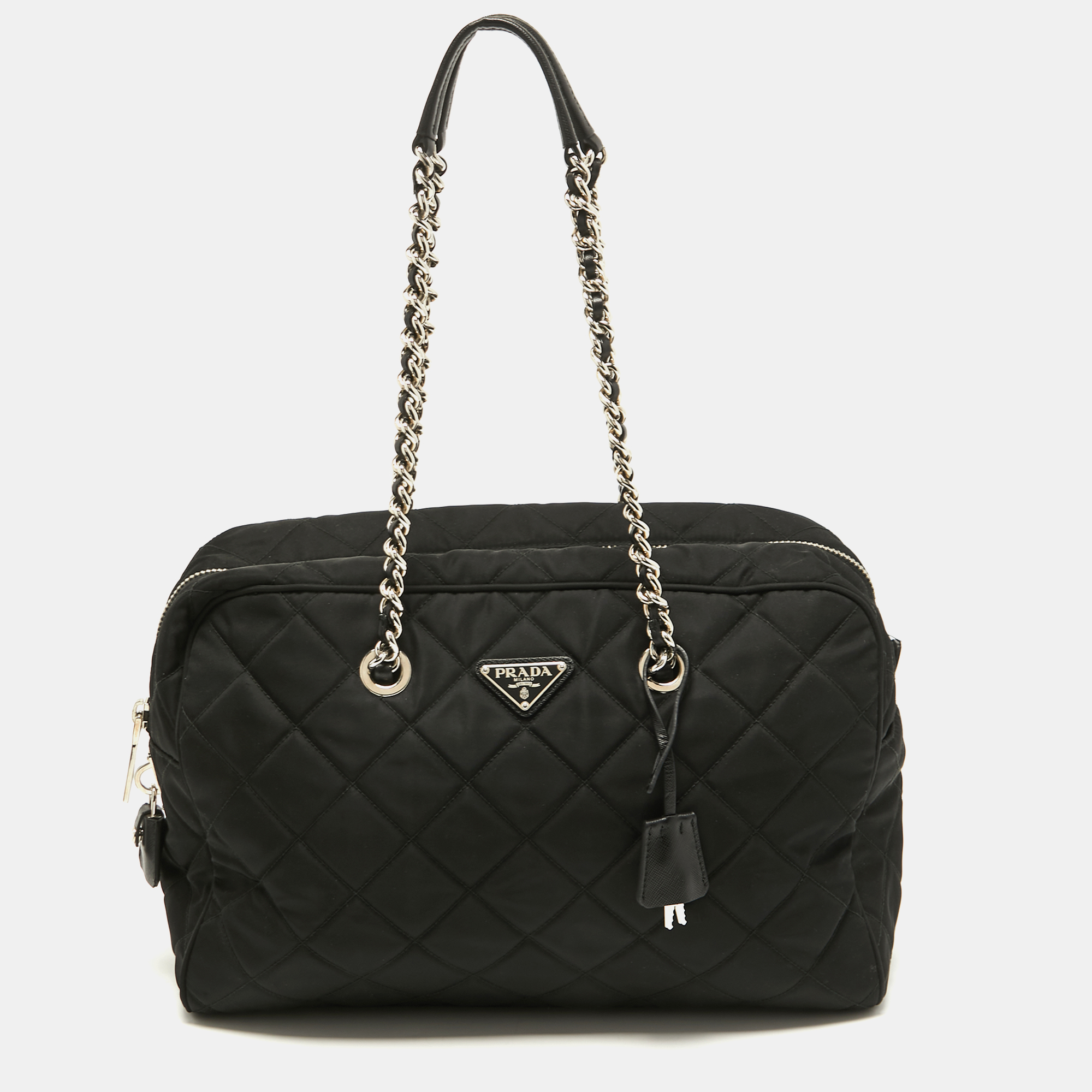 Pre Owned Prada Black Quilted Nylon Chain Satchel