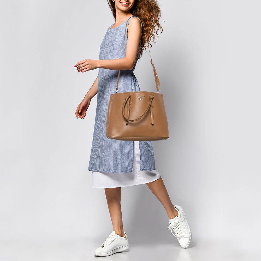 

Prada Light Brown Saffiano Leather Cuir Covered Strap Double Tote