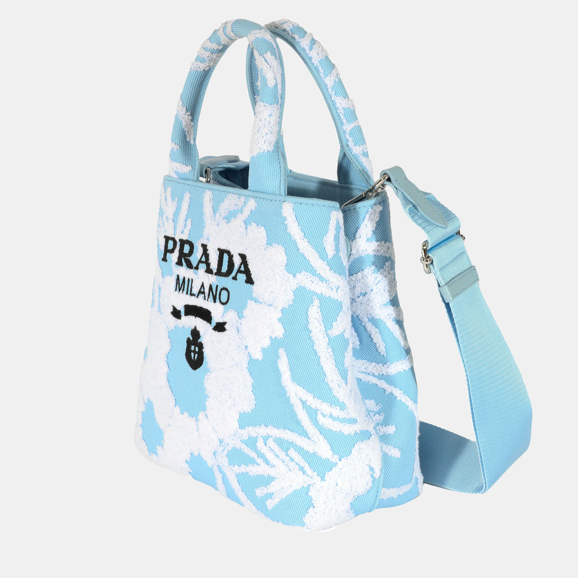 

Prada Blue White Embroidered Drill Top Handle Bag