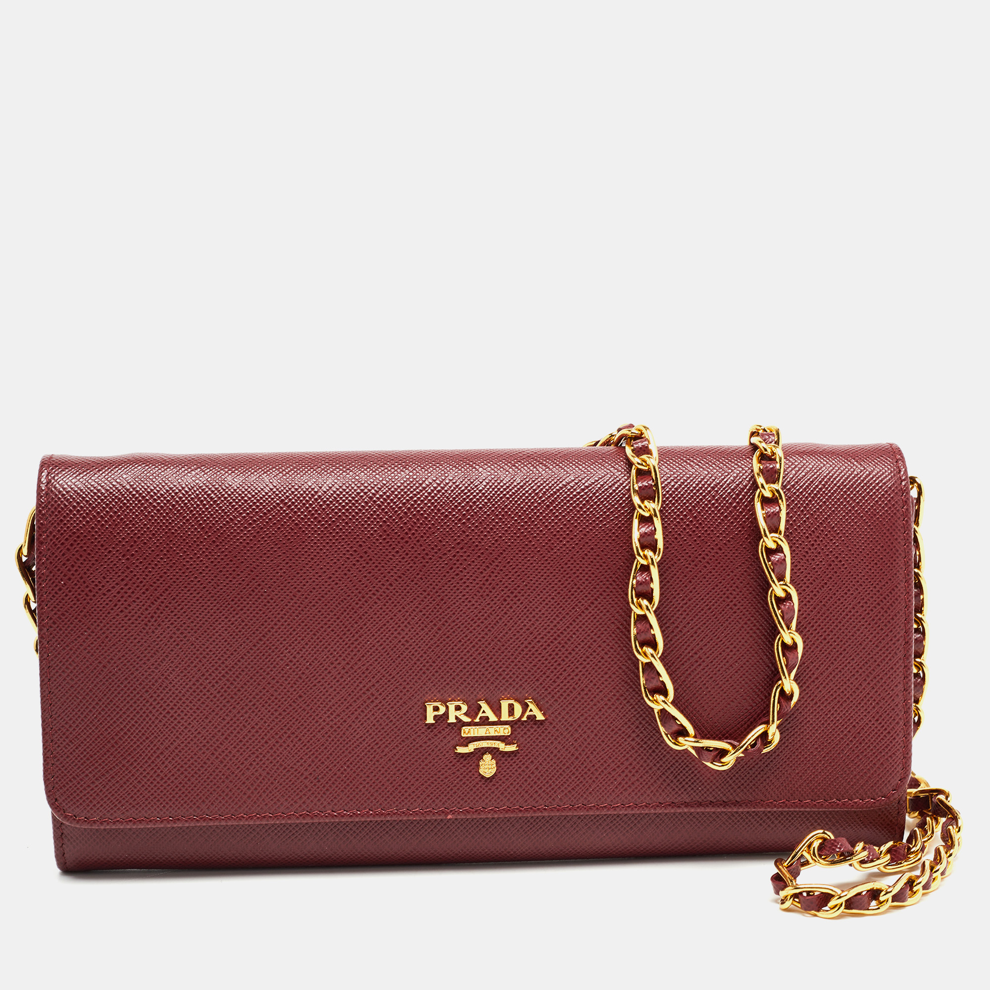 Prada Dark Red Saffiano Metal Leather Wallet On Chain Prada | TLC