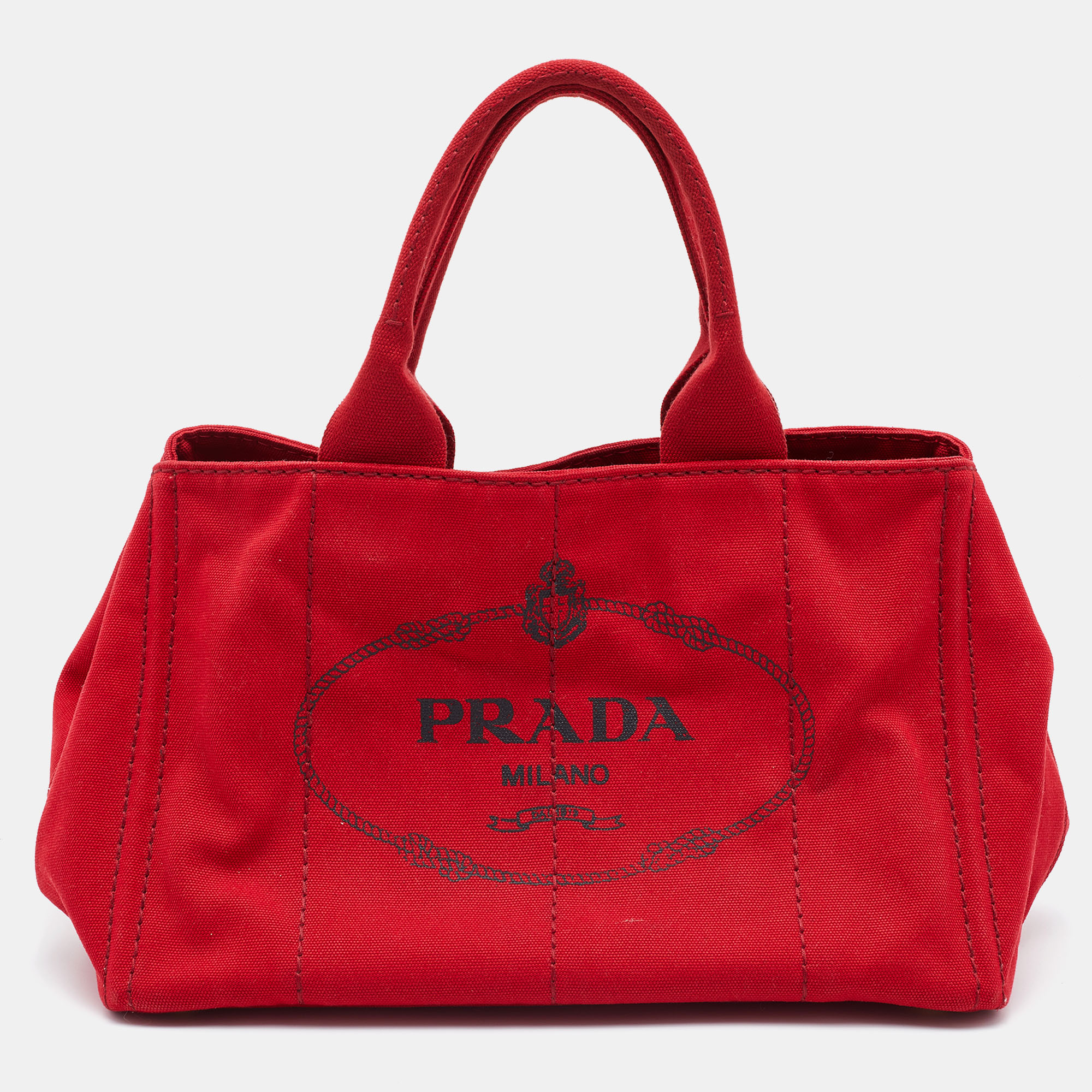 Pre-owned Prada Red Canapa Canvas Logo Print Shopper Tote