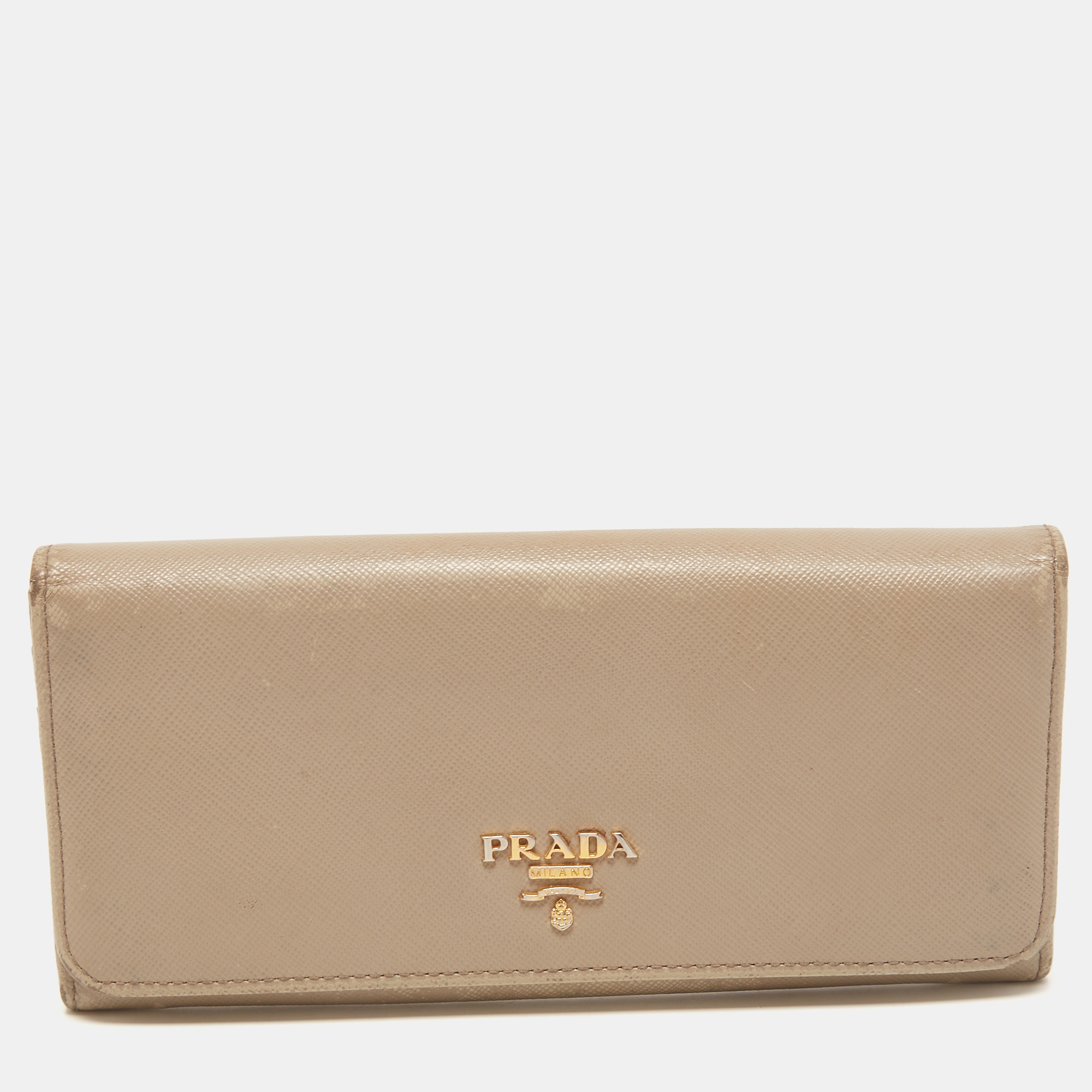 Pre-owned Prada Dark Beige Saffiano Leather Flap Continental Wallet