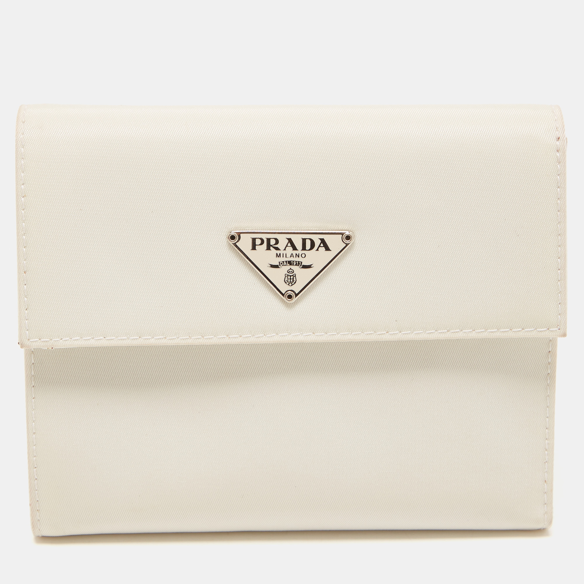 Pre-owned Prada White Nylon Logo Flap Compact Wallet