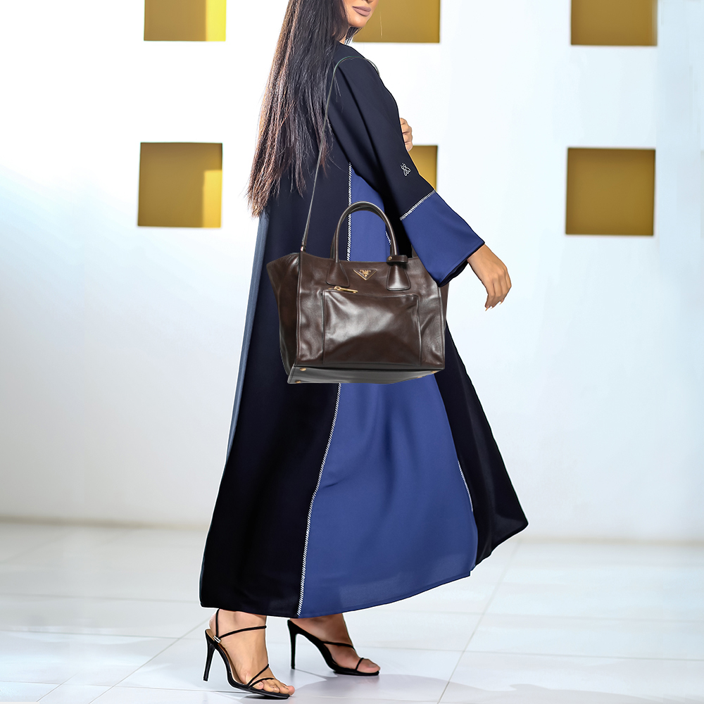

Prada Brown Leather Front Pocket Convertible Tote