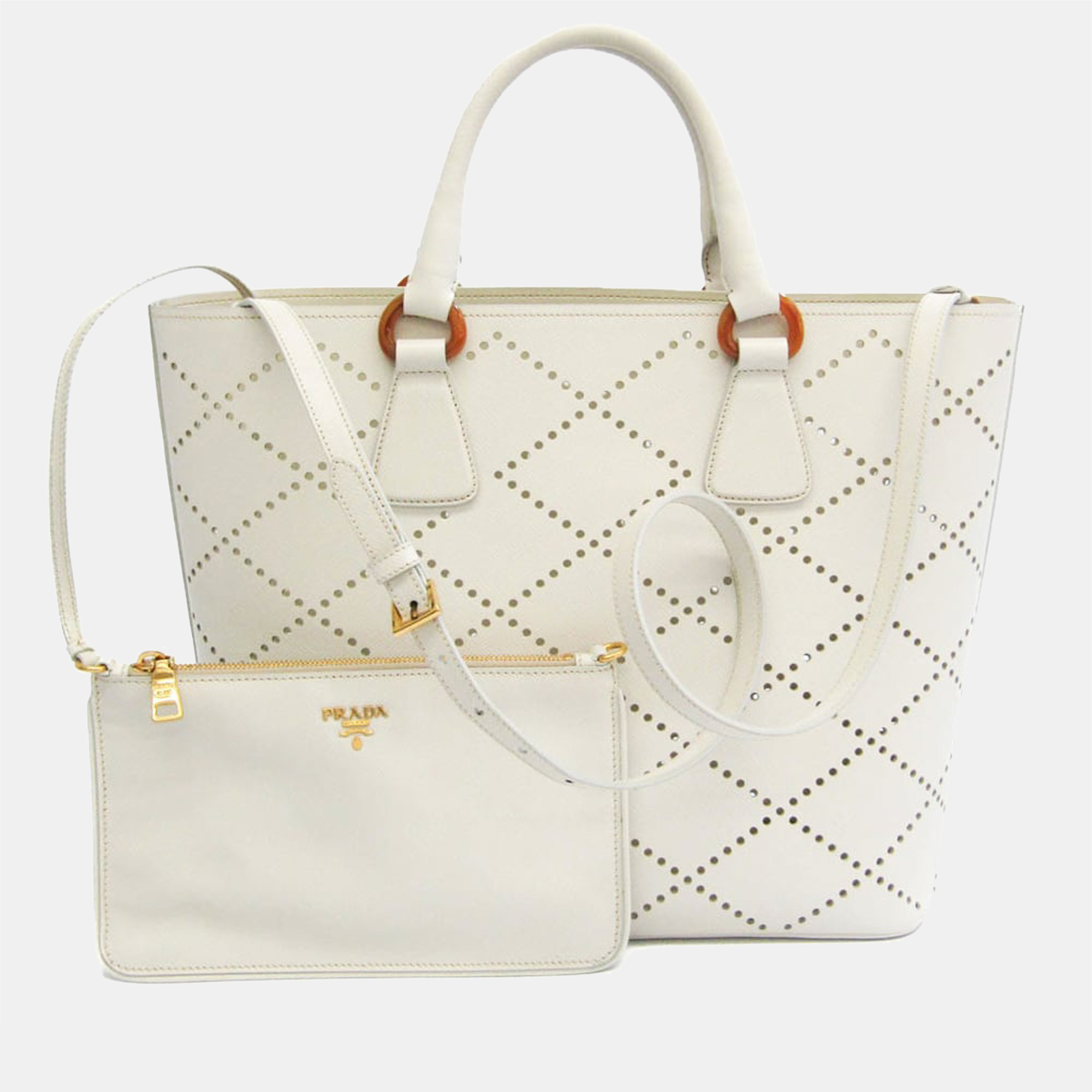 

Prada White Saffiano Vernice Perforated Leather Oversize Shopper Tote Bag