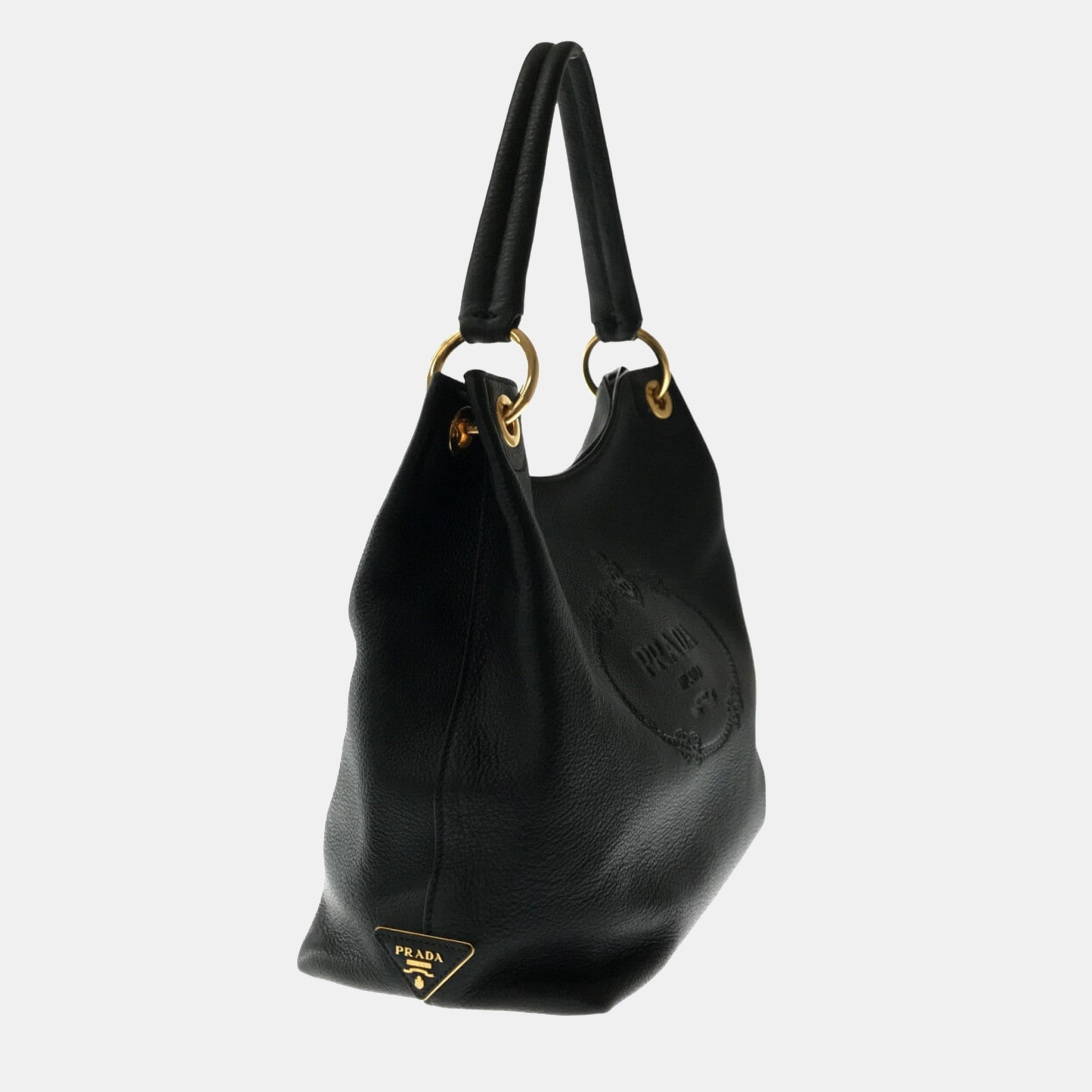 

Prada Black Leather Logo Embossed Vitello Daino Medium Hobo Bag