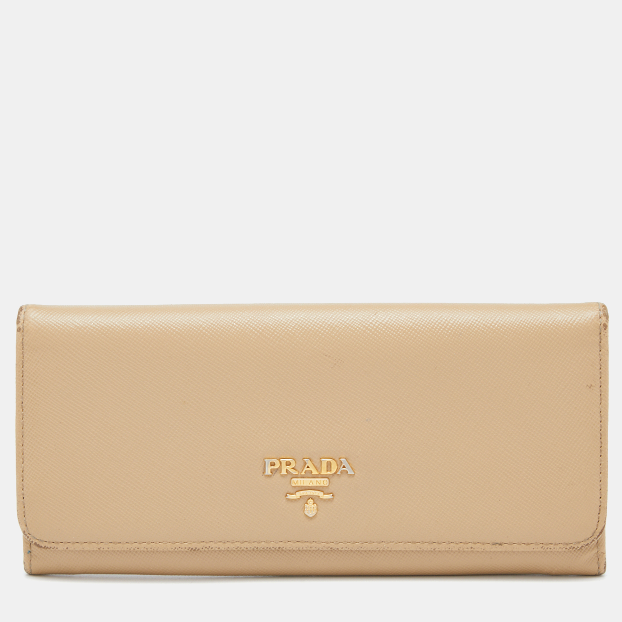 Pre-owned Prada Beige Saffiano Leather Flap Continental Wallet
