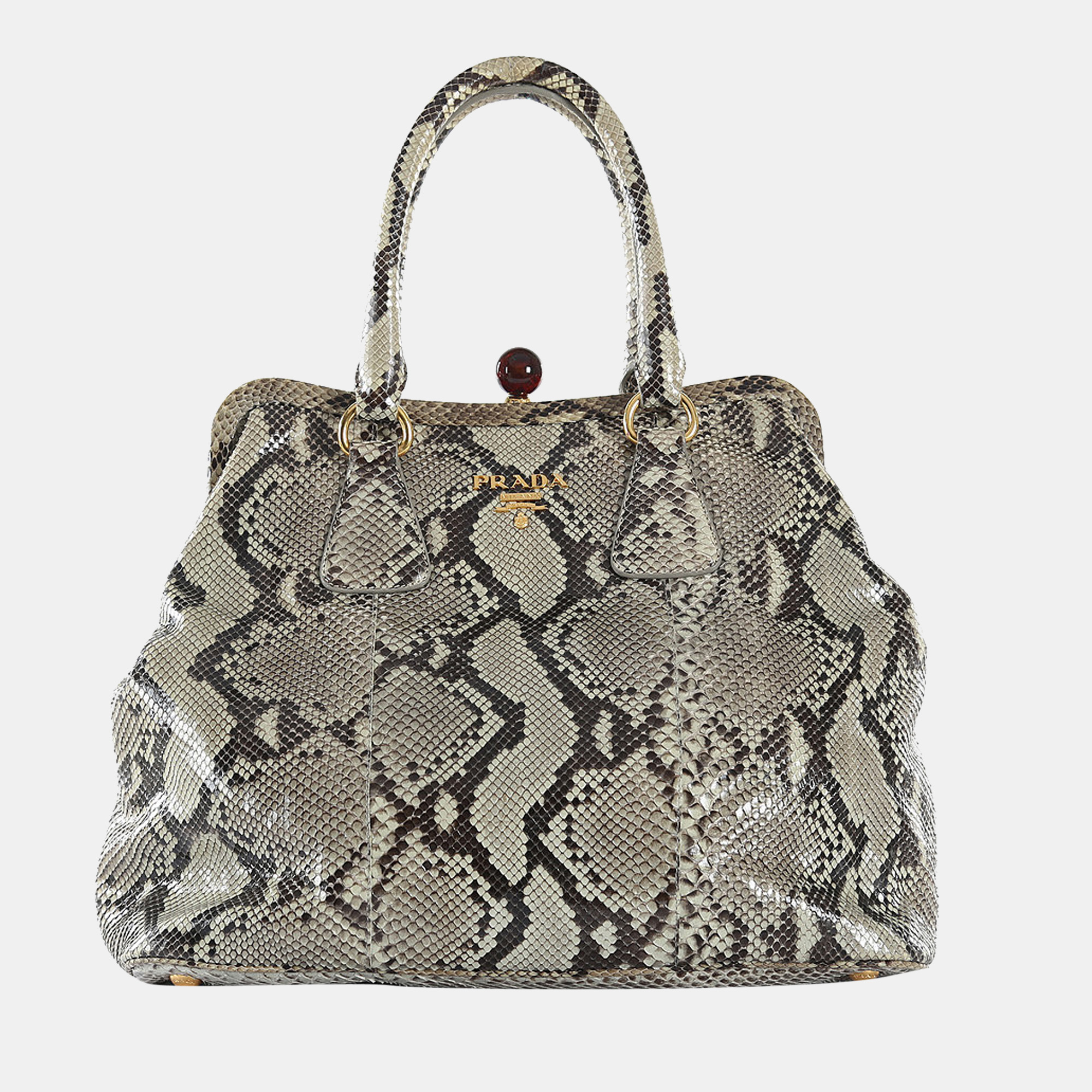 Pre-owned Prada Beige/brown Python Leather Frame Handle Bag